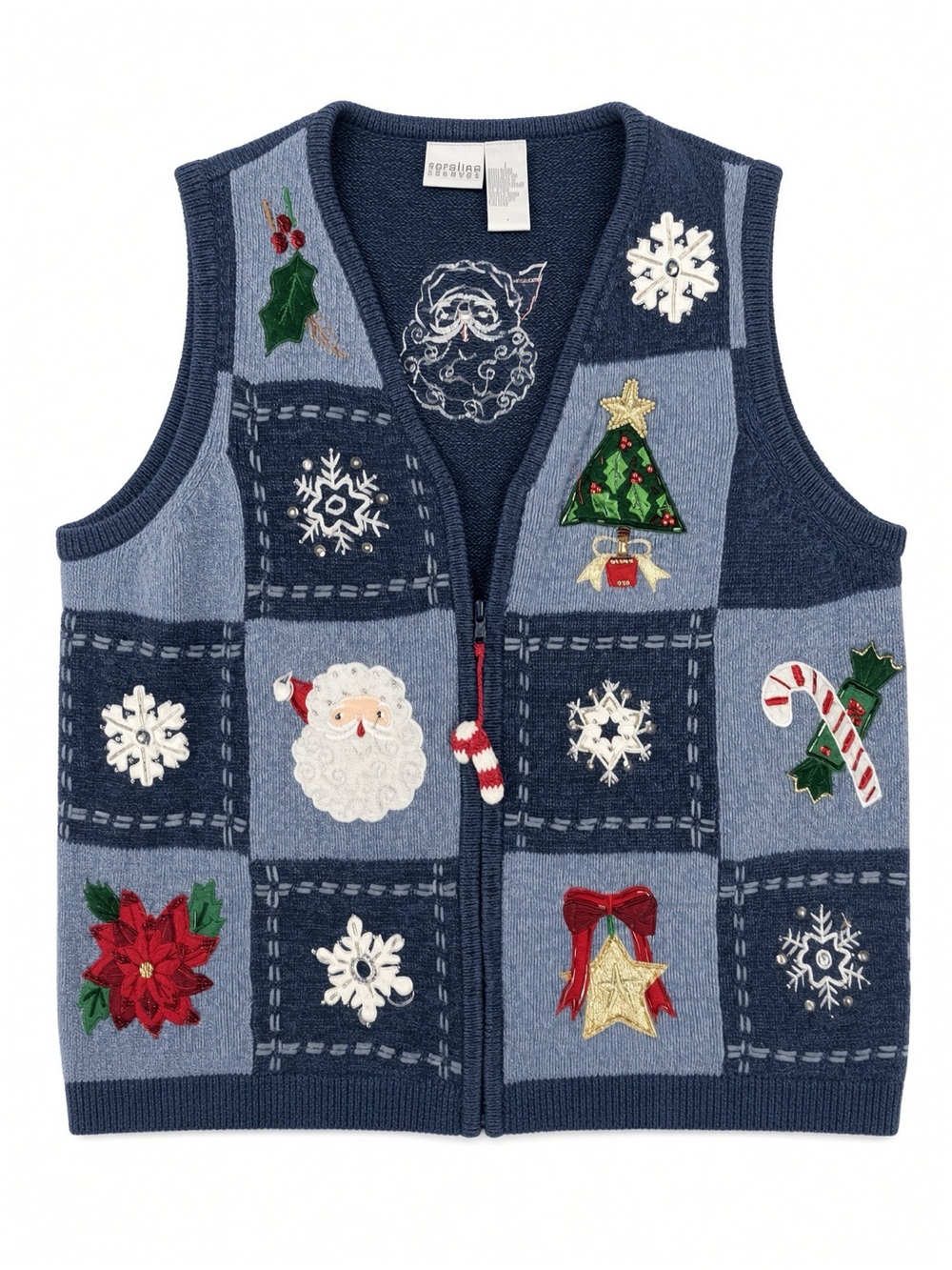 Vintage Carolina Colours Christmas Sweater Vest L Blue Santa Zip Ugly Holiday